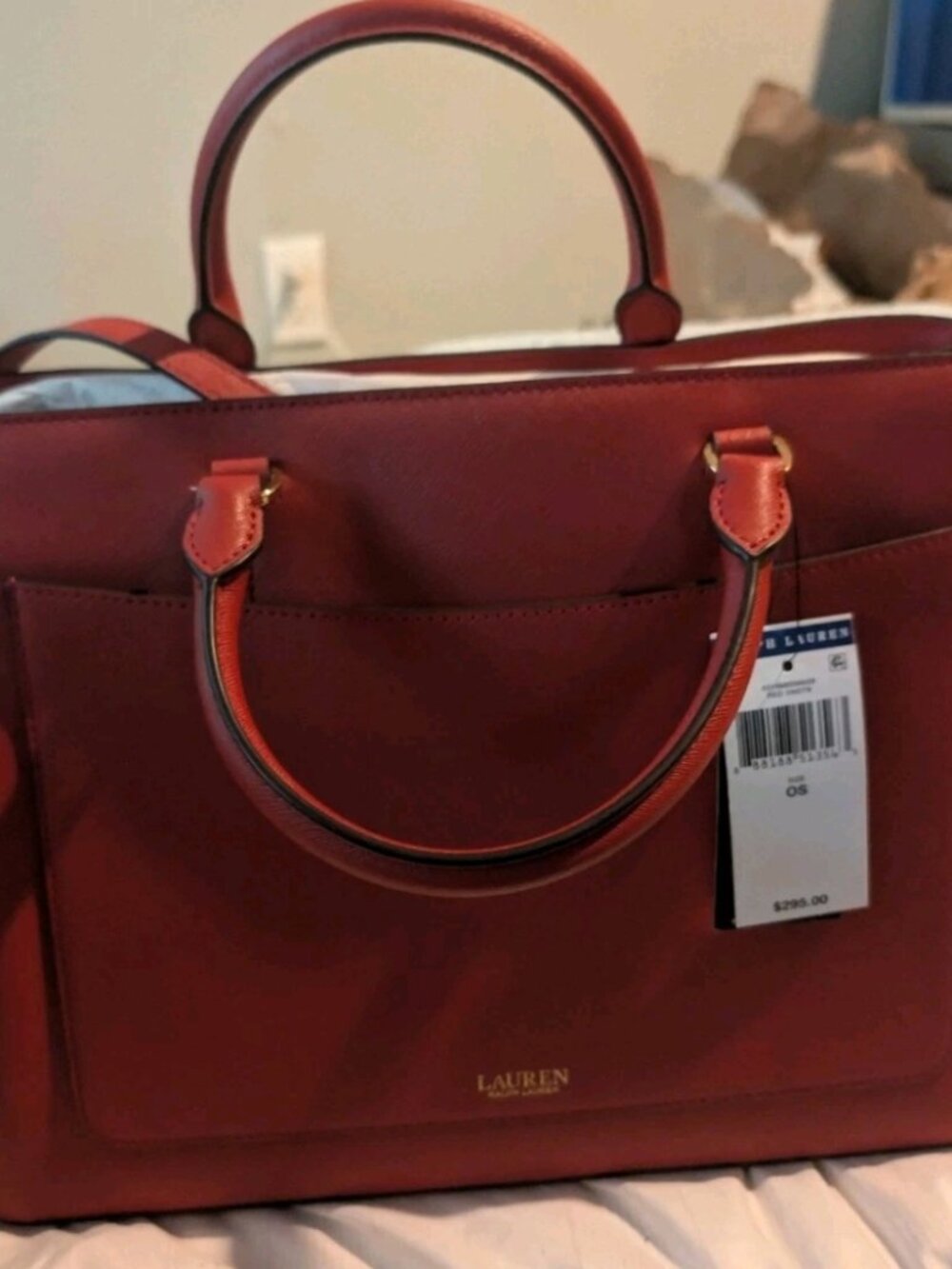 NWT ralph lauren Crosshatch Leather Large Hanna Satchel Bag Tote Red